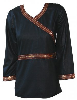 V neck full sleeve stones n sequins embellished silk cotton tunic