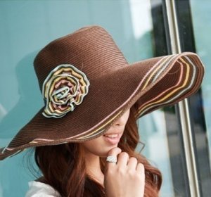 Chocolate Women Flower Brim Floppy Fold Beach / Sun Hat Wide Brim Floppy Summer + free ship