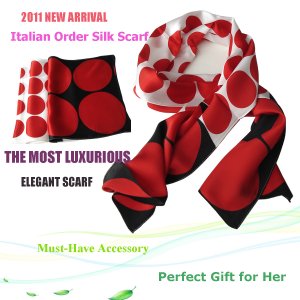 Top Quality Black Red White Circle Long Silk Scarf-BNWT