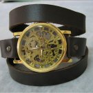 Steampunk skeleton Mechanical Watch Genuine leather Watch with a full skeleton pattern Free Ship