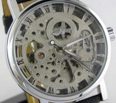 Steampunk skeleton Mechanical Watch Genuine leather Watch with a full skeleton pattern Free Ship