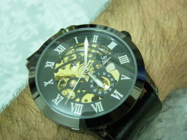 Men Women Bracelet Leather Wrap Wrist Cuff Watch Skeleton Mechanical Army watch