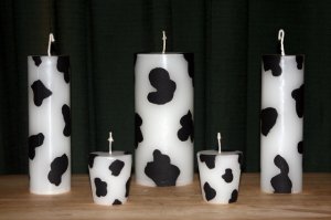 Cow Print Pillar Candles 5 Set. Triple scented wax