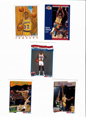 5 Assorted Magic Johnson NBA Basketball Cards
