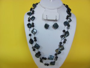 Long Gray/BLack Shell Necklace, Earring Set