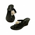 Wedge Sandals with Gold Cream Flower Embellishment - Black Size