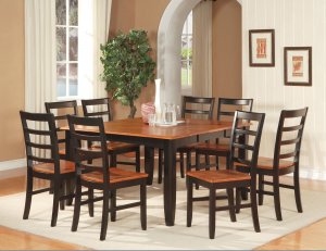 Parfait 7-Pc Square Gathering Dining Table Set-54"x54"-Extension leaf. SKU: PA7-BLK-W