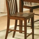 2 East West counter height stools with upholstered or wood seat in dark oak finish.