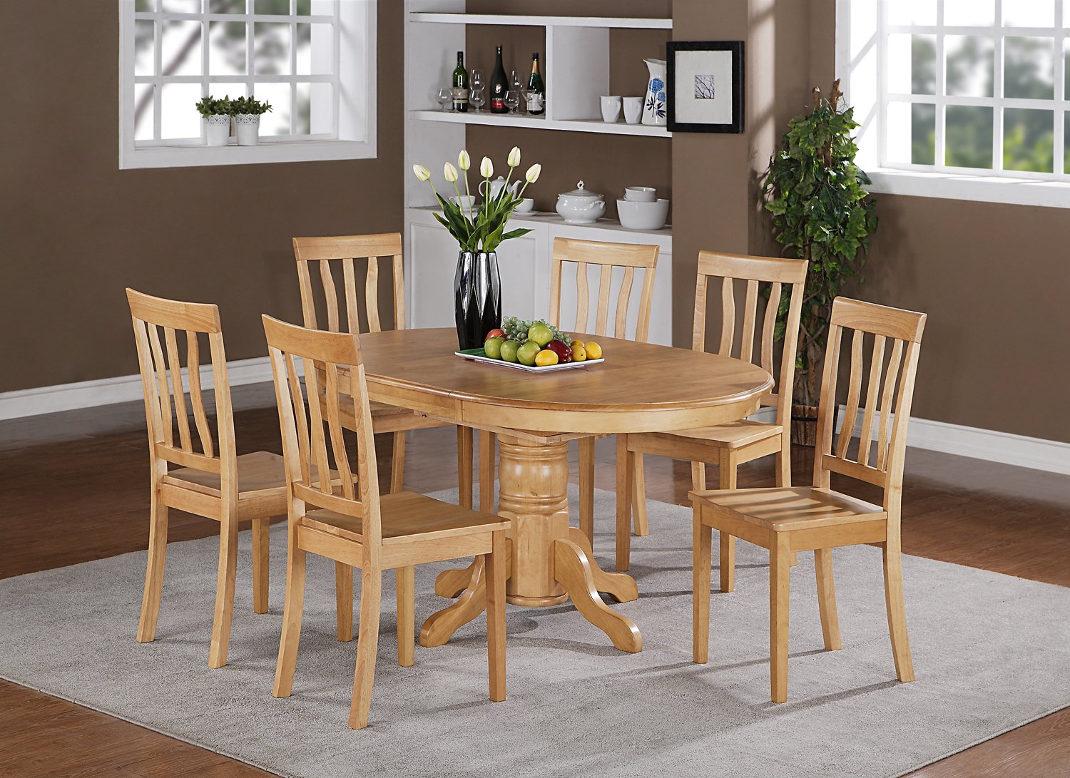 7-PC Easton Oval Dining Single Pedestal Table and 6 chairs in OAK color