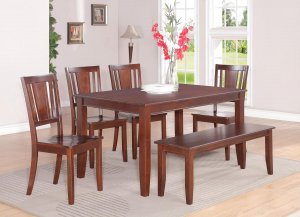 DUDLEY 5PC RECTANGULAR DINING DINETTE SET TABLE AND 4 WOOD SEAT CHAIRS-NO BENCH. SKU: DU5-WC-MAH