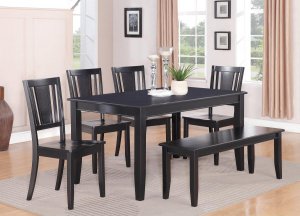 DUDLEY 6PC RECTANGULAR DINING DINETTE SET TABLE AND 4 WOOD SEAT CHAIRS & BENCH. SKU: DU6-WC-BLK