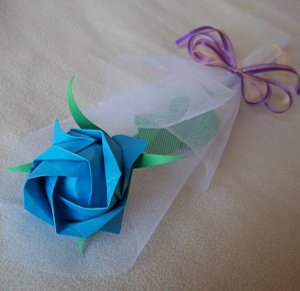 Origami Paper Rose Handmade Flower With Beautiful Wrapper Blue Craft Gift