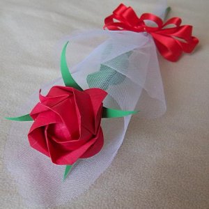 Origami Paper Rose Handmade Flower With Tulle Wrapper Craft Gift Red