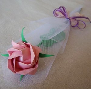 Origami Paper Rose Handmade Flower With Tulle Wrapper Pink Craft Gift