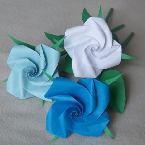 3 Origami Rose Long Stems Paper Fold Craft  Handmade Gift Blue