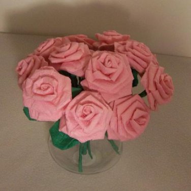 Handmade Origami Crinkle Paper Roses 12 Short Stems Pink