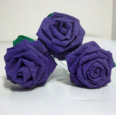 Handmade Origami Crinkle Paper Roses 3 Short Stems Purple