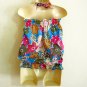 Funky toddler childrens clothing. 2 + yrs. Adjustable size. Blue pink flower summer halter top.