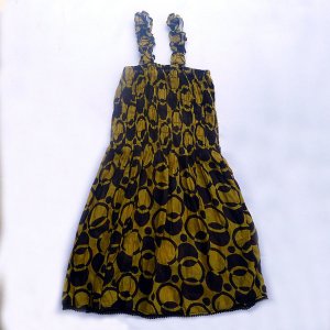 Funky yellow & brown summer sun dress. Colorful toddler girls children's clothing. Adjustable size.