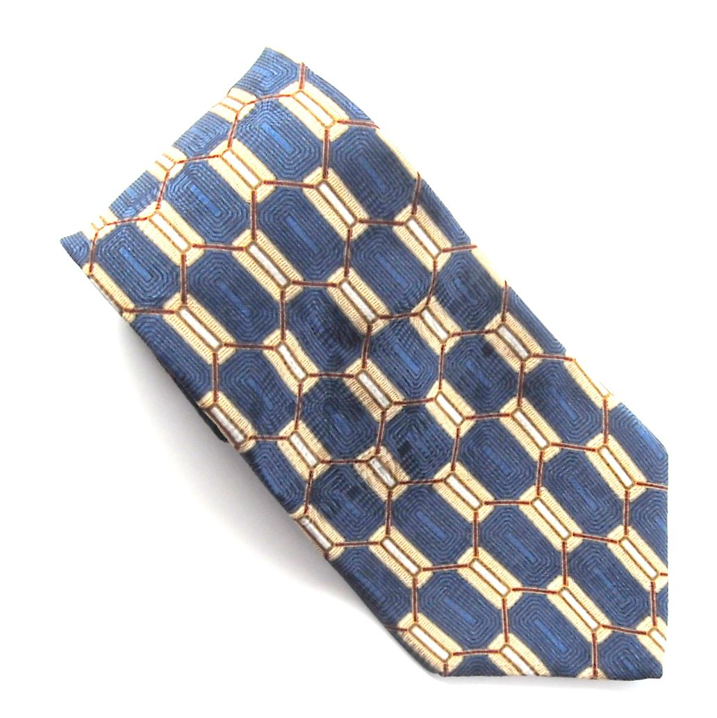 Bill Blass Blue Beige Red Geometric Design 100% Silk Necktie Tie