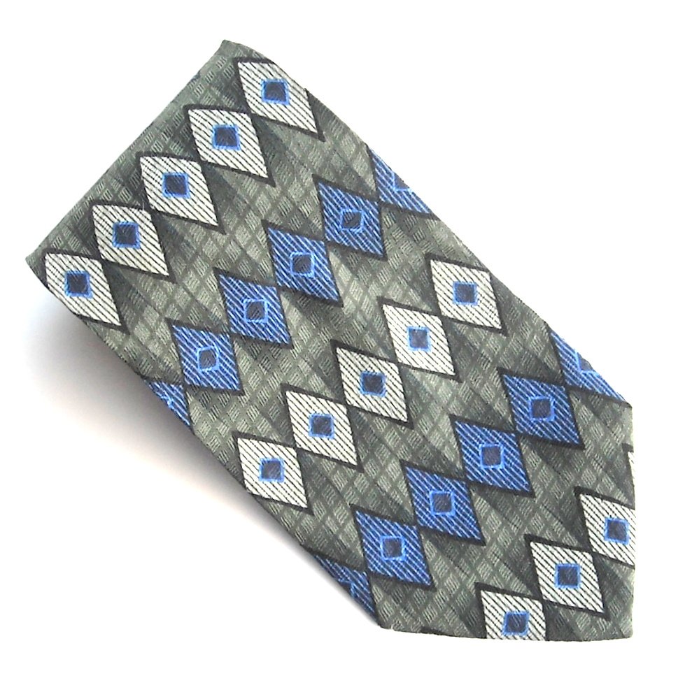 Milano Uomo Green White Blue Rectangular Design 100% Silk Necktie Tie