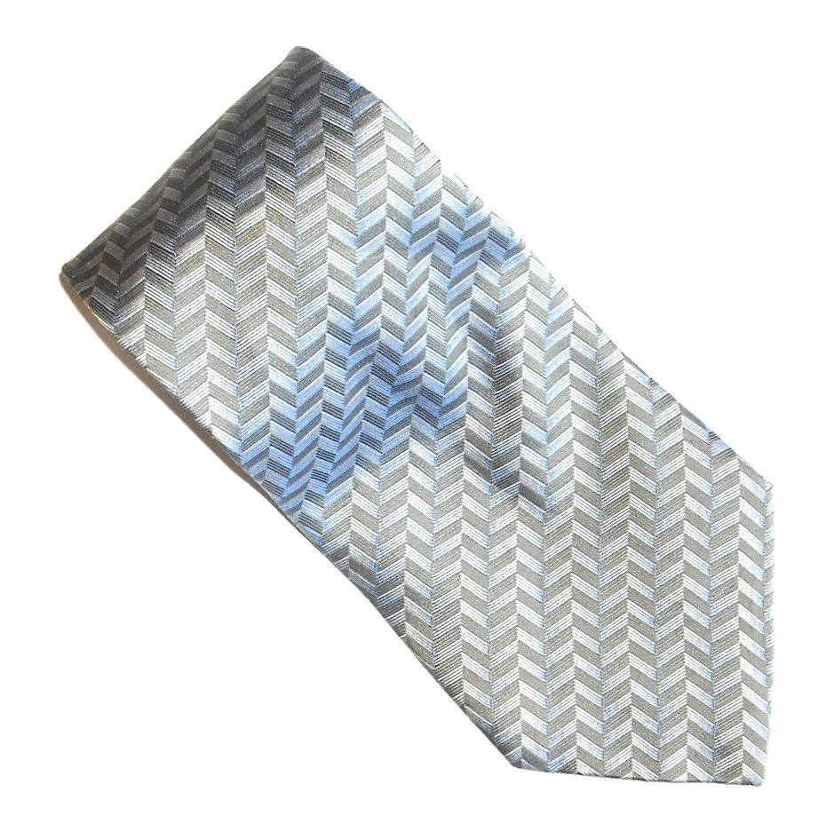 Claiborne Handmade Silver Blue Beige Herringbone Geometric Design Mens 100% Silk Necktie Tie