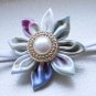 Handmade Blue and Pink Kanzashi Flower Headband with Pearl Gold Button