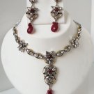 STUDIO DESIGNER VICTORIAN STYLE ANTIQUE FINISH CZ RUBY NECKLACE EARRING SET y31