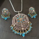 VICTORIAN STYLE ANTIQUEE SILVER FINISH AD SAPPHIRE BIG PENDANT NECKLACE SET F51