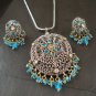 VICTORIAN STYLE ANTIQUEE SILVER FINISH AD SAPPHIRE BIG PENDANT NECKLACE SET F51