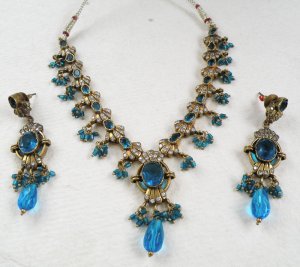 STUDIO DESIGNER VICTORIAN ANTIQUE FINISH CZ SAPPHIRE NECKLACE EARRING SET F61