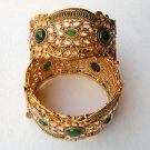 GENUINE INDIAN POLKI GOLD TONE HINGED CZ EMERALD BANGLE 2PC KADA BRACELET DJ159