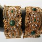 GENUINE INDIAN POLKI GOLD TONE HINGED CZ EMERALD BANGLE 2PC KADA BRACELET DJ159