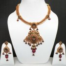 GENUINE INDIAN GOLDTONE SEMIPRECIOUS STONE CZ BRIDAL POLKI NECKLACE SET 4PC FQ21