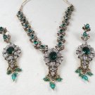 VICTORIAN ANTIQUE FINISH REVERSE AD TEAL GREEN SAPHHIRE NECKLACE EARRING SET F56
