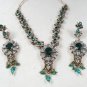 VICTORIAN ANTIQUE FINISH REVERSE AD TEAL GREEN SAPHHIRE NECKLACE EARRING SET F56