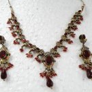 VICTORIAN STYLE ANTIQUE FINISH JEWELRY REVERSE AD RUBY NECKLACE EARRING SET F63