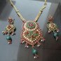 PREMIUM STYLE GOLDTONE RUBY EMERALD PEARL POLKI BRIDAL PENDANT NECKLACE SET F341