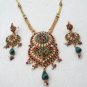 PREMIUM STYLE GOLDTONE RUBY EMERALD PEARL POLKI BRIDAL PENDANT NECKLACE SET F341