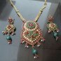 PREMIUM STYLE GOLDTONE RUBY EMERALD PEARL POLKI BRIDAL PENDANT NECKLACE SET F341