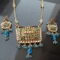 PREMIUM INDIAN DESIGNER GOLDTONE CZ MEENA POLKI BRIDAL PENDANT NECKLACE SET F349