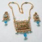 PREMIUM INDIAN DESIGNER GOLDTONE CZ MEENA POLKI BRIDAL PENDANT NECKLACE SET F349