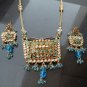 PREMIUM INDIAN DESIGNER GOLDTONE CZ MEENA POLKI BRIDAL PENDANT NECKLACE SET F349
