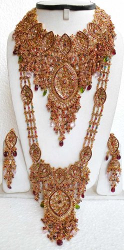 POLKI INDIA DESIGNER UNIQUE 8 PC SEMIPRECIOUS STONE HEAVY BRIDAL NECKALCE SET