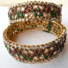 GENUINE INDIAN POLKI GOLD FINISH RUBY EMERALD BRIDAL 2PC BANGLE KADA DJ154