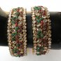 GENUINE INDIAN POLKI GOLD FINISH RUBY EMERALD BRIDAL 2PC BANGLE KADA DJ154