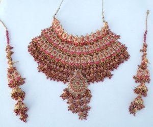 POLKI INDIA DESIGNER UNIQUE RUBY CZ HEAVY MINI BRIDAL NECKALCE EARRINGS SET