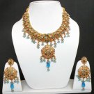 GENUINE INDIAN GOLDTONE SEMIPRECIOUS STONE CZ BRIDAL POLKI NECKLACE SET 3PC FQ12
