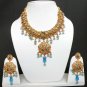 GENUINE INDIAN GOLDTONE SEMIPRECIOUS STONE CZ BRIDAL POLKI NECKLACE SET 3PC FQ12