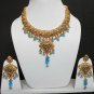 GENUINE INDIAN GOLDTONE SEMIPRECIOUS STONE CZ BRIDAL POLKI NECKLACE SET 3PC FQ36